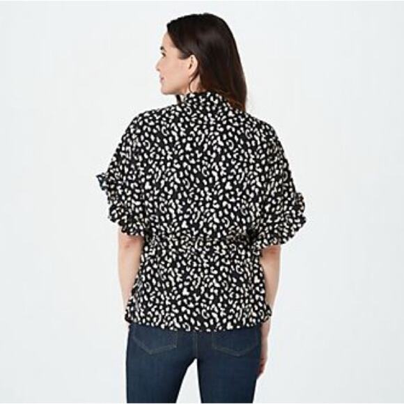 Bishop + Young Ruffle Sleeve Animal Print Blouse Black Cream Size Large - Picture 2 of 10